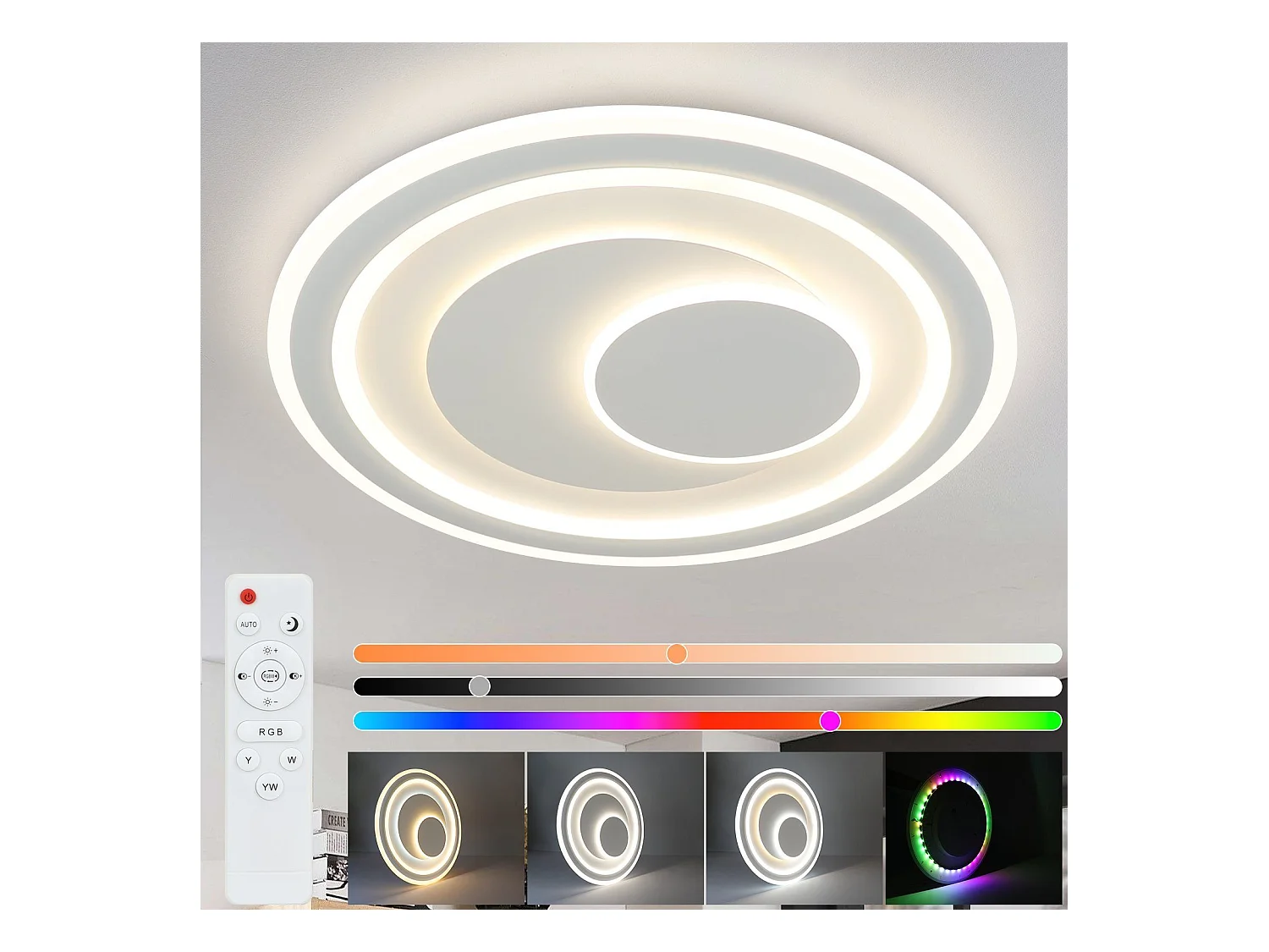 NETTLIFE Plafonnier LED salon dimmable avec télécommande RGB lampe de terrasse blanche ronde 50 cm RGB couleur changeante