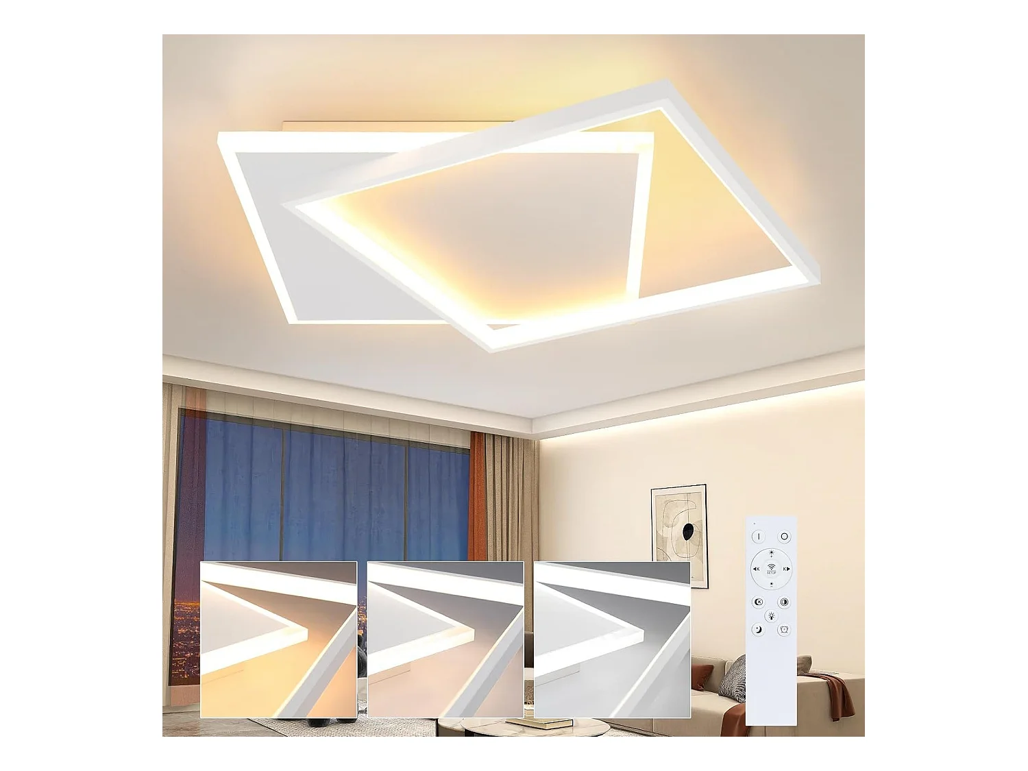 NETTLIFE Plafonnier LED réglable 44W, blanc, design carré, avec télécommande, 44x40cm