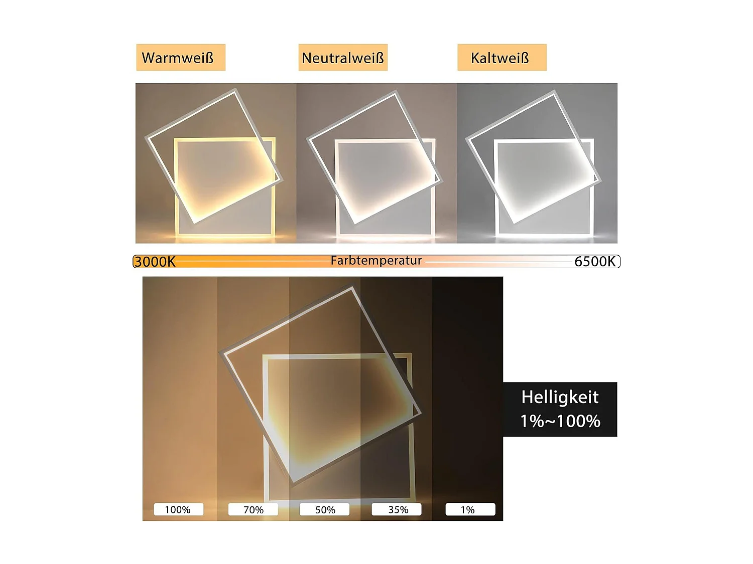 NETTLIFE Verstellbare LED-Deckenleuchte 44 W, Weiß, Quadratisches Design, mit Fernbedienung, 44 x 40 cm