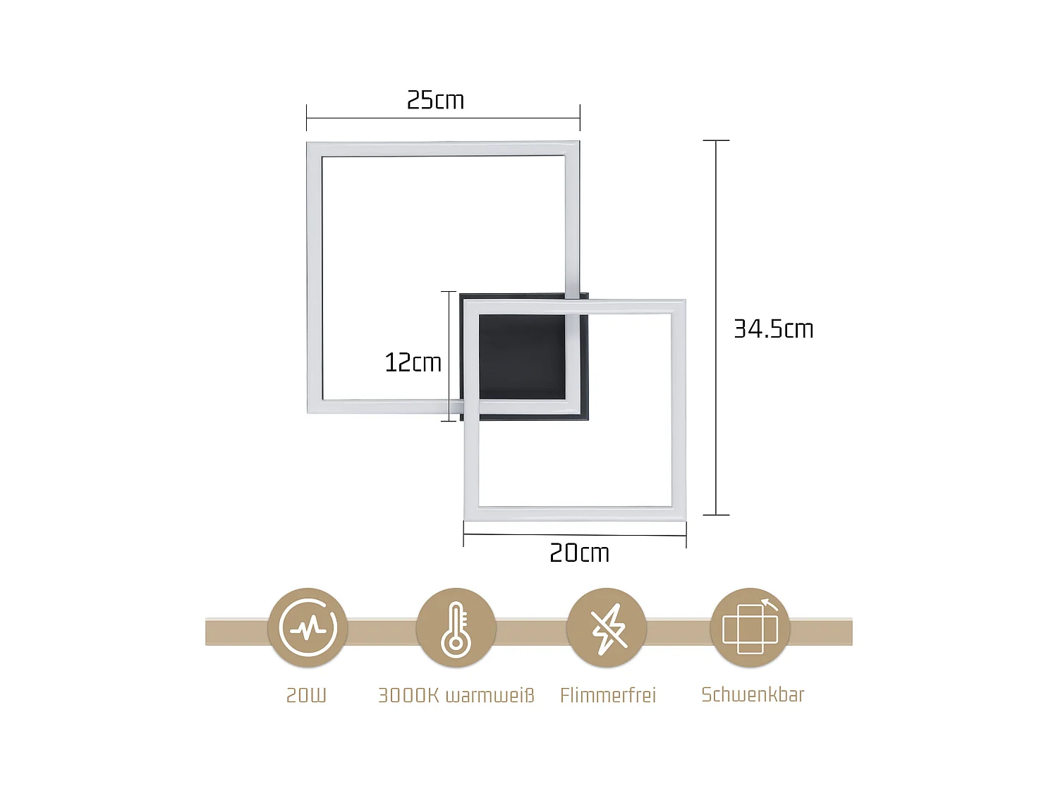 NETTLIFE Plafonnier LED plafonnier salon - 20W lampe de salon blanc chaud lampe de chambre design moderne noir