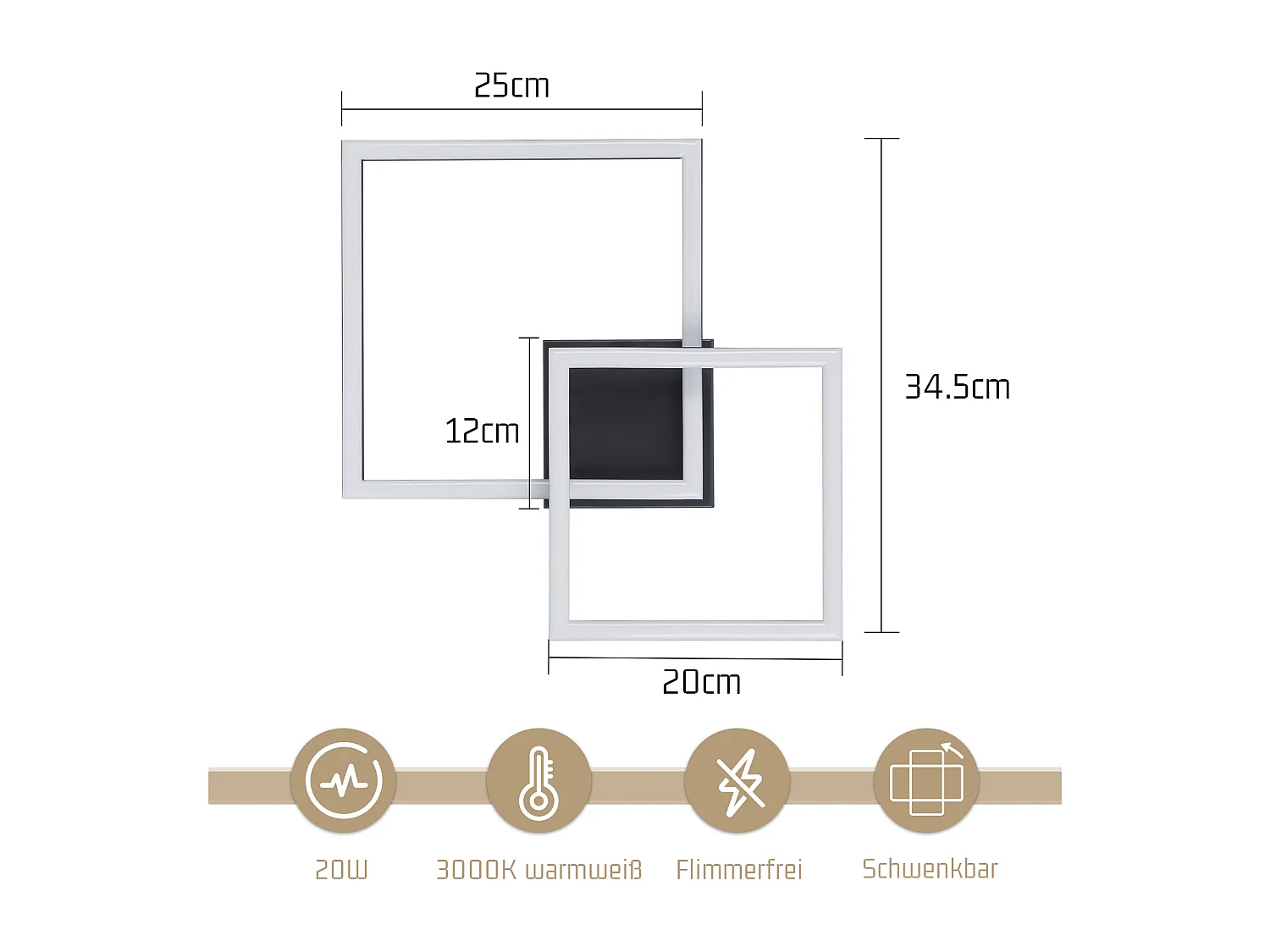 NETTLIFE Plafonnier LED plafonnier salon - 20W lampe de salon blanc chaud lampe de chambre design moderne noir