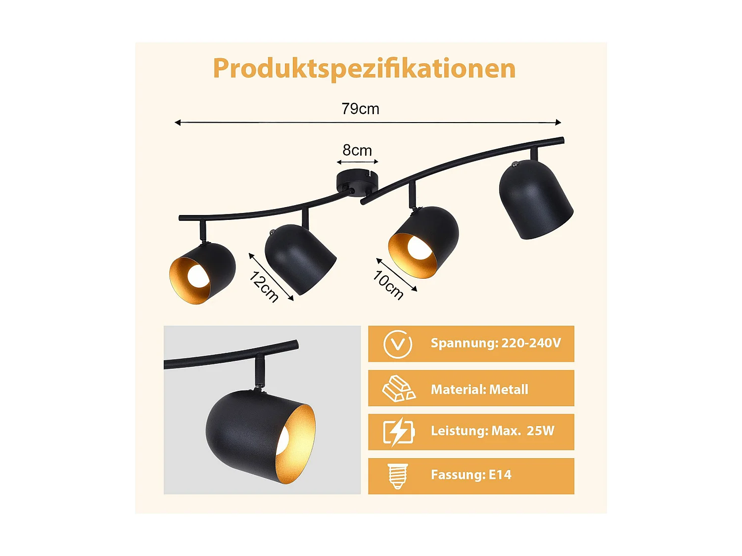 NETTLIFE Deckenleuchte E14 Schwarz Gold Industrie Deckenstrahler verstellbar 350° drehbar