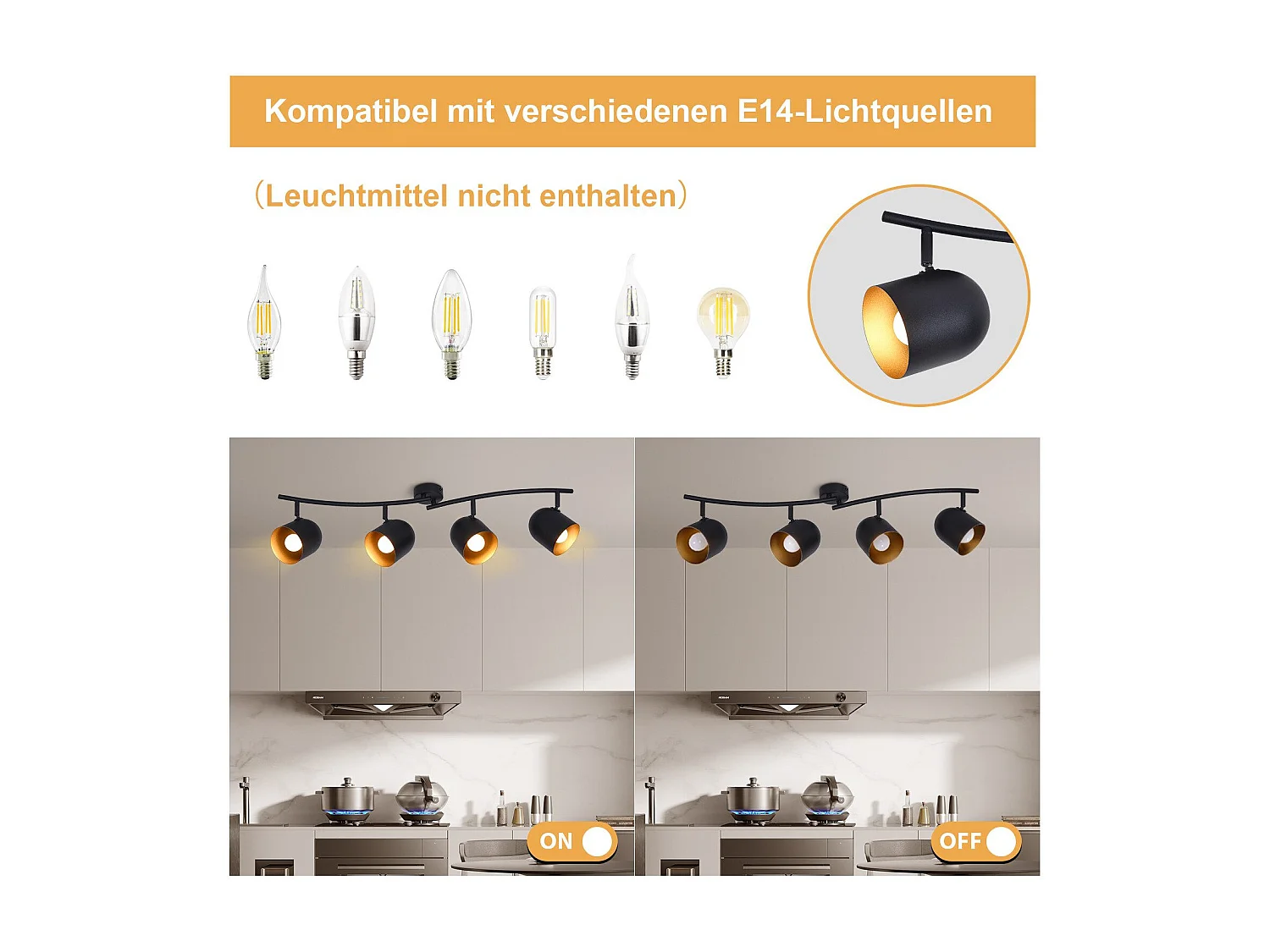 NETTLIFE Deckenleuchte E14 Schwarz Gold Industrie Deckenstrahler verstellbar 350° drehbar