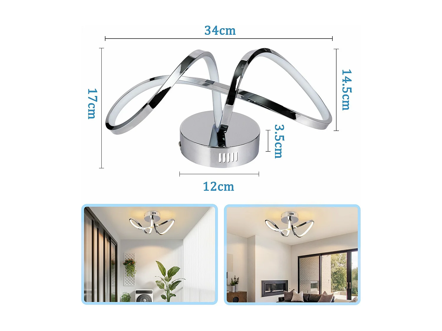 NETTLIFE Plafonnier LED chambre lampe de chambre moderne design chromé 12W intérieur 3000K blanc chaud