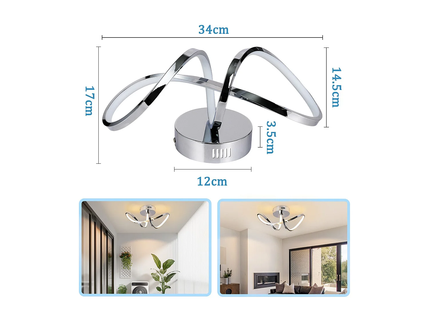 NETTLIFE Plafonnier LED chambre lampe de chambre moderne design chromé 12W intérieur 3000K blanc chaud