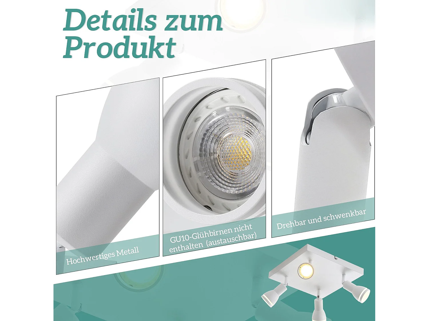 NETTLIFE Plafonnier LED 4 Spots de plafond : modèles carrés plafonnier Blanc Spot mural orientable GU10 intérieur métal, sans ampoule