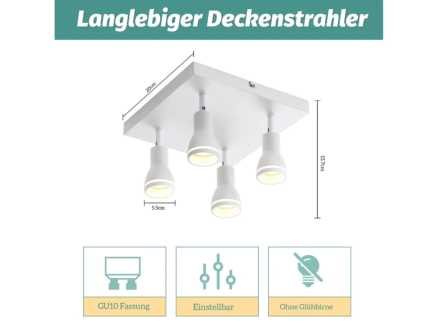 NETTLIFE Plafonnier LED 4 Spots de plafond : modèles carrés plafonnier Blanc Spot mural orientable GU10 intérieur métal, sans ampoule