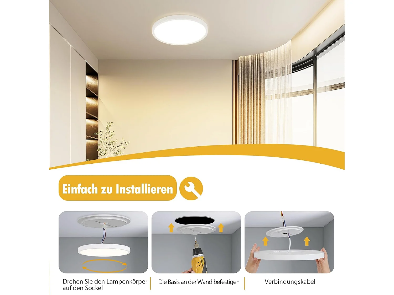 NETTLIFE Plafonnier LED plafonnier salle de bain Ø30cm lampe de chambre rond blanc 24W lampe de couloir 3000K