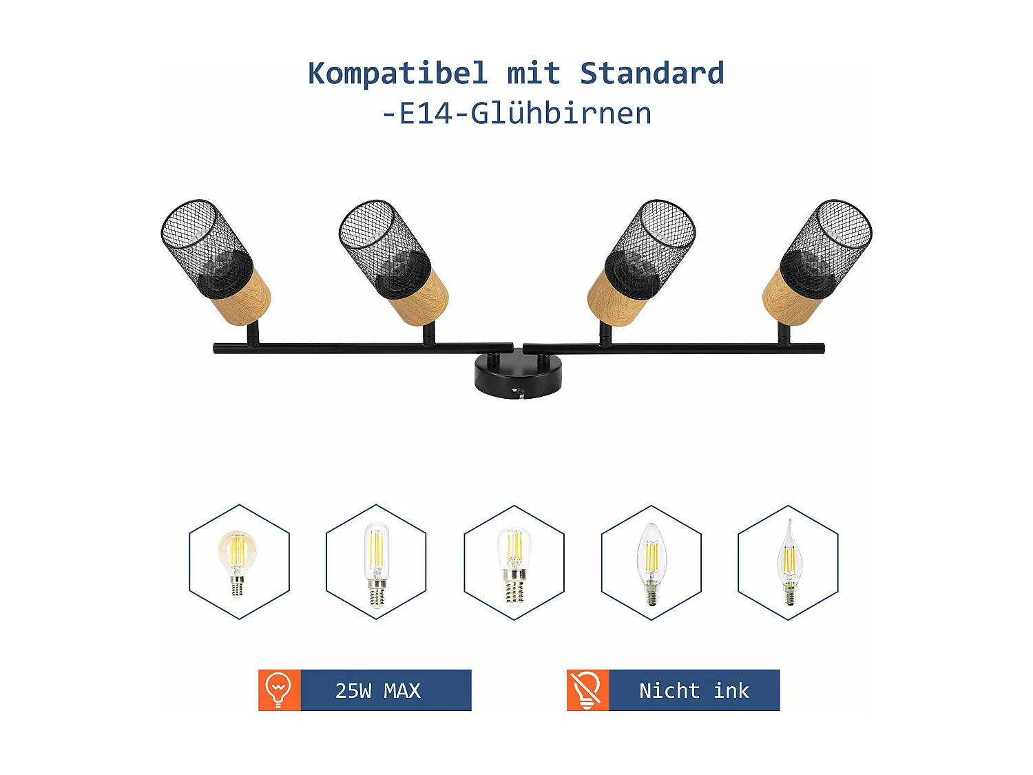 NETTLIFE Houten Plafondlamp E14 Plafondlamp 350° Verstelbaar Vintage Wandlamp Verstelbaar Zonder Lamp