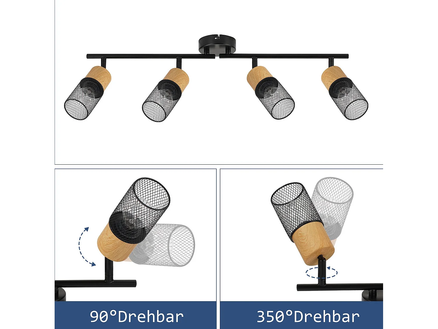 NETTLIFE Houten Plafondlamp E14 Plafondlamp 350° Verstelbaar Vintage Wandlamp Verstelbaar Zonder Lamp