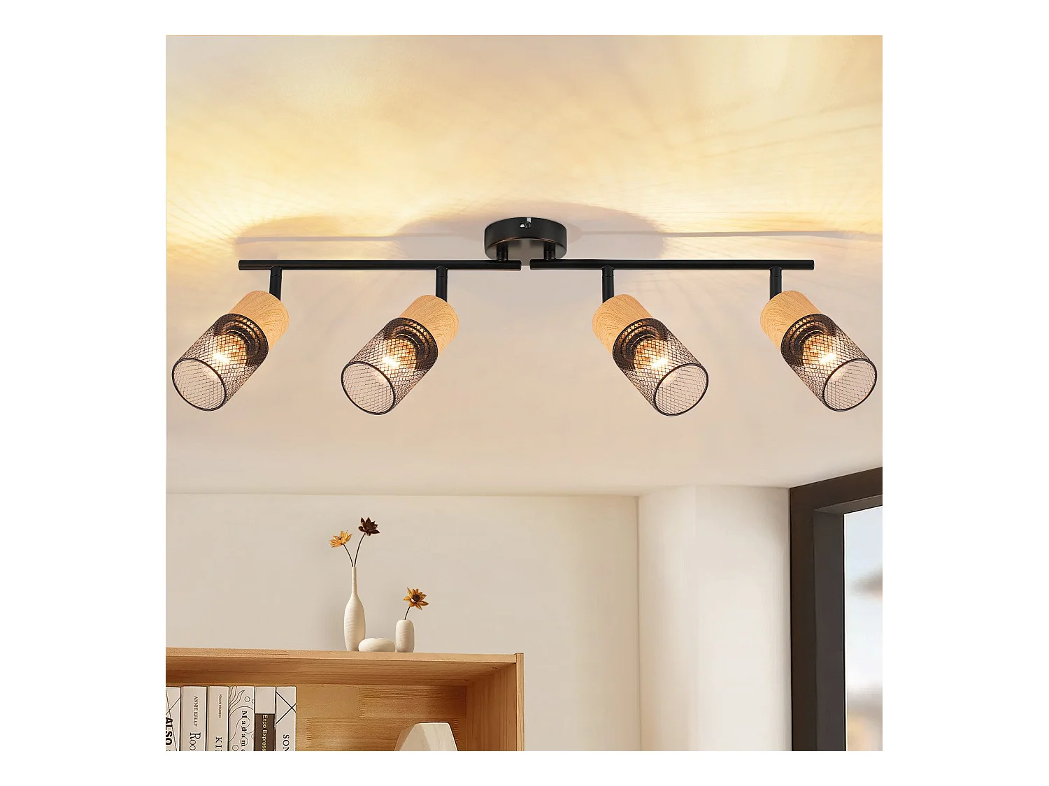 NETTLIFE Plafonnier bois E14 Lampe de plafond 350° orientable Applique murale vintage Lampe de cuisine Orientable sans ampoule