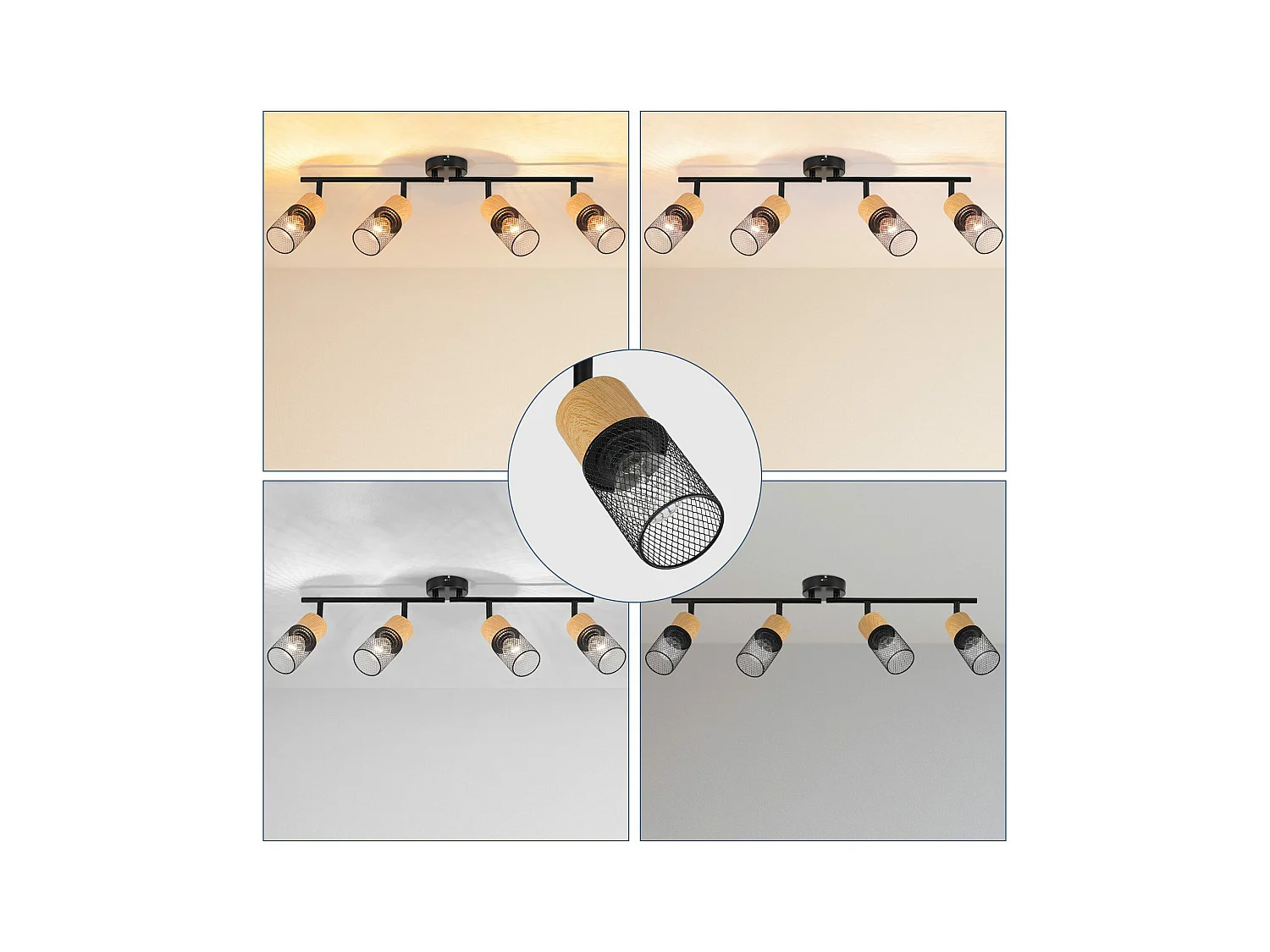 NETTLIFE Plafonnier bois E14 Lampe de plafond 350° orientable Applique murale vintage Lampe de cuisine Orientable sans ampoule