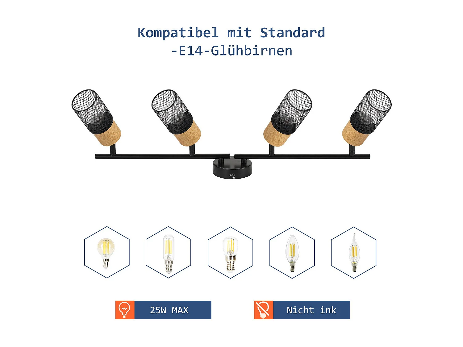 NETTLIFE Plafonnier bois E14 Lampe de plafond 350° orientable Applique murale vintage Lampe de cuisine Orientable sans ampoule