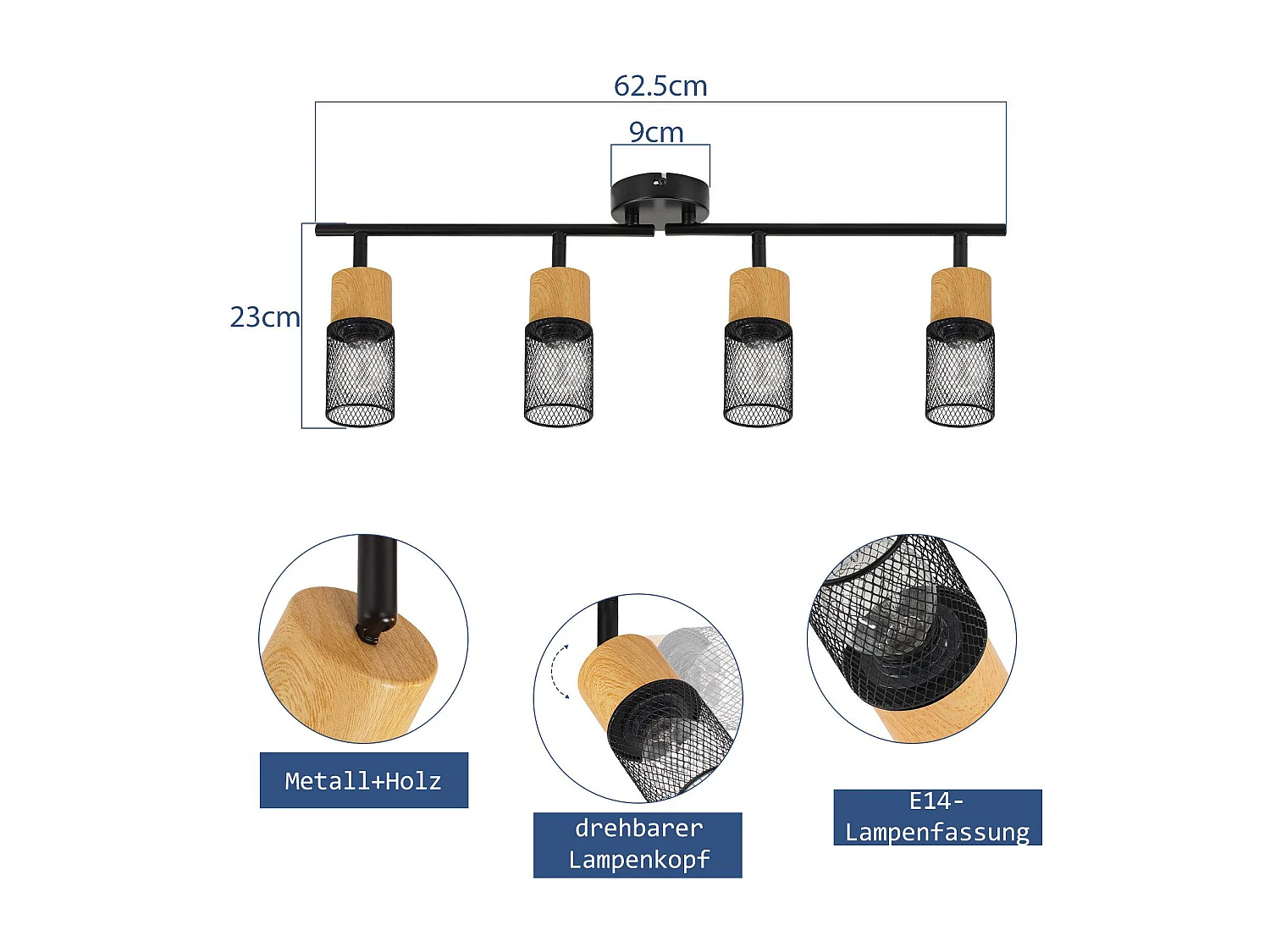 NETTLIFE Plafoniera in legno E14 350° orientabile, lampada da soffitto vintage, lampada da parete regolabile senza lampadina