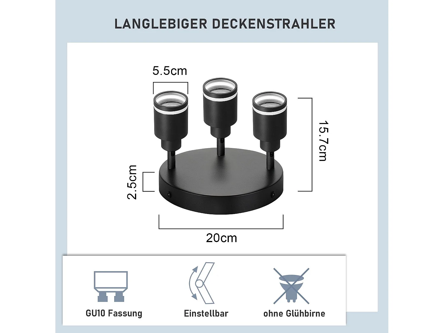 Plafoniera moderna NETTLIFE nera con 3 faretti metallici regolabili, attacco GU10 (lampadine non incluse)