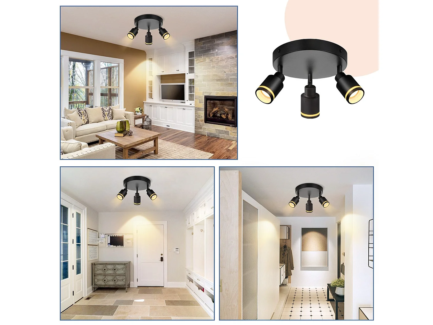 Plafoniera moderna NETTLIFE nera con 3 faretti metallici regolabili, attacco GU10 (lampadine non incluse)