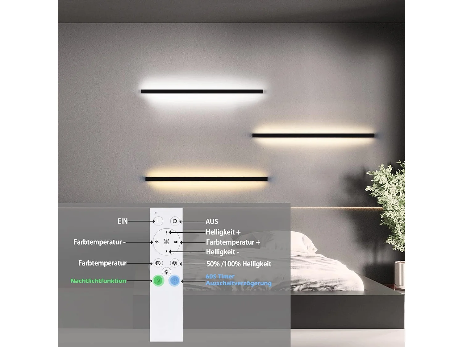 NETTLIFE 2 appliques murales LED applique d'intérieur 100CM noir design moderne dimmable blanc chaud