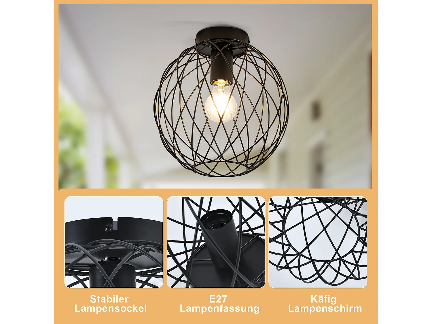 NETTLIFE Industrielle Deckenleuchte Schwarz Vintage Flurlampe Rund E27 1-flammig Retro Metall