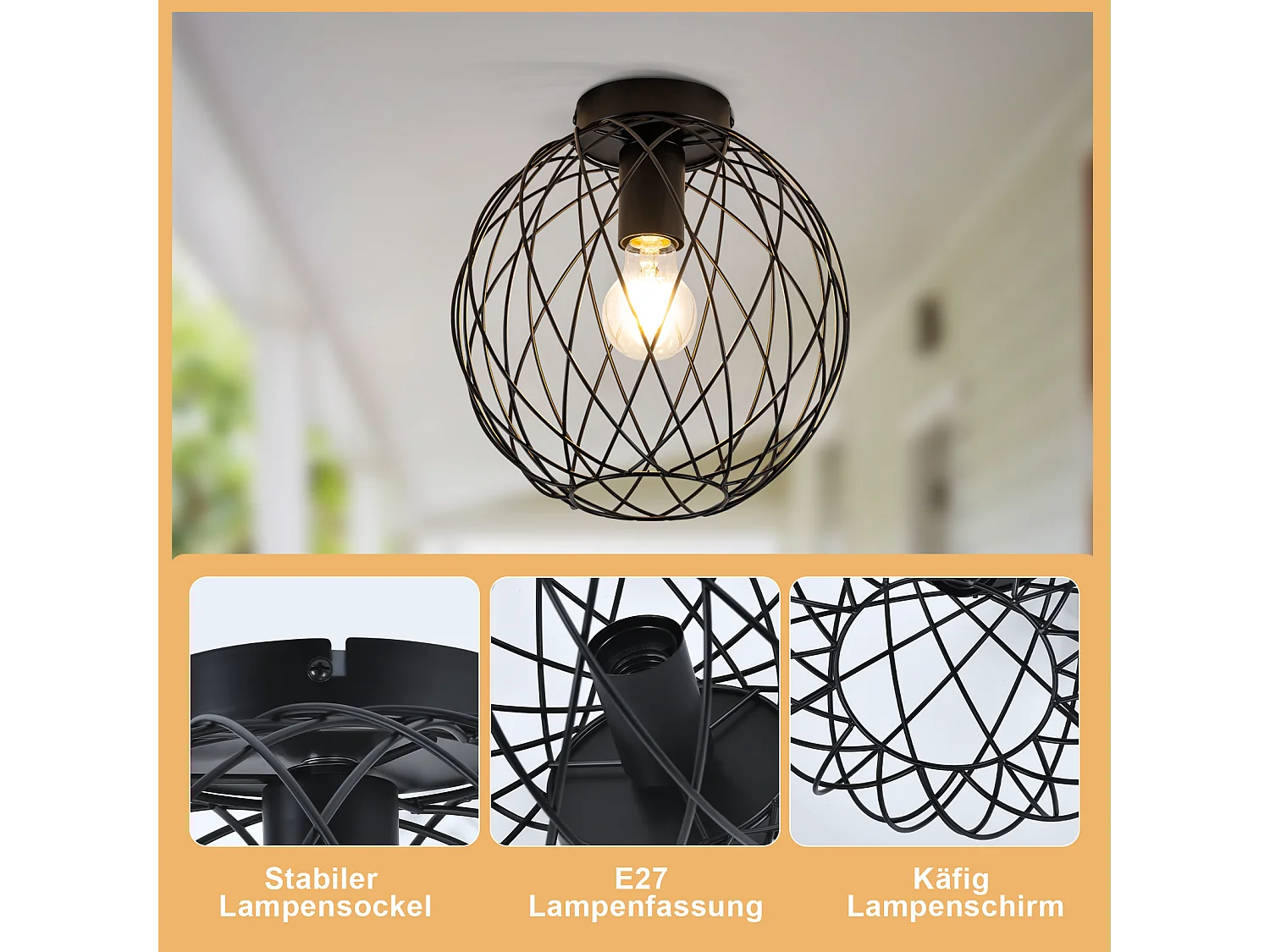 NETTLIFE Plafonnier industriel noir lampe de couloir vintage rond E27 1 ampoule rétro métal