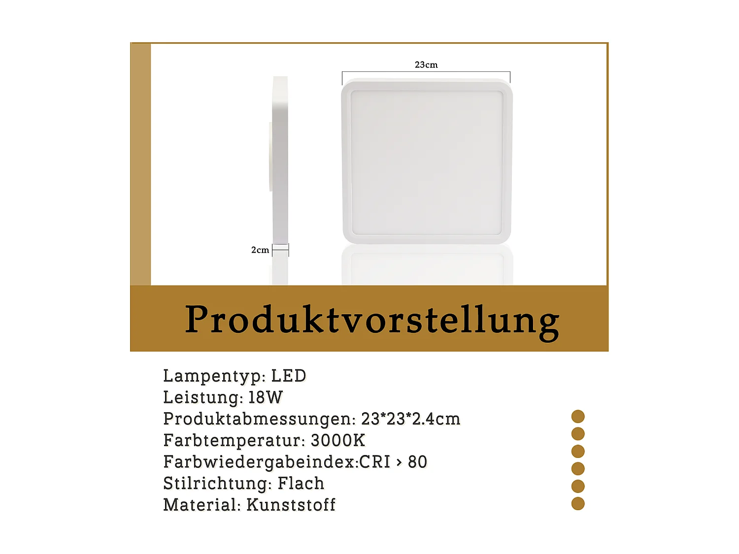 NETTLIFE Plafonnier LED plat 23CM 3000 18W carré chambre blanc LED intégré en permanence