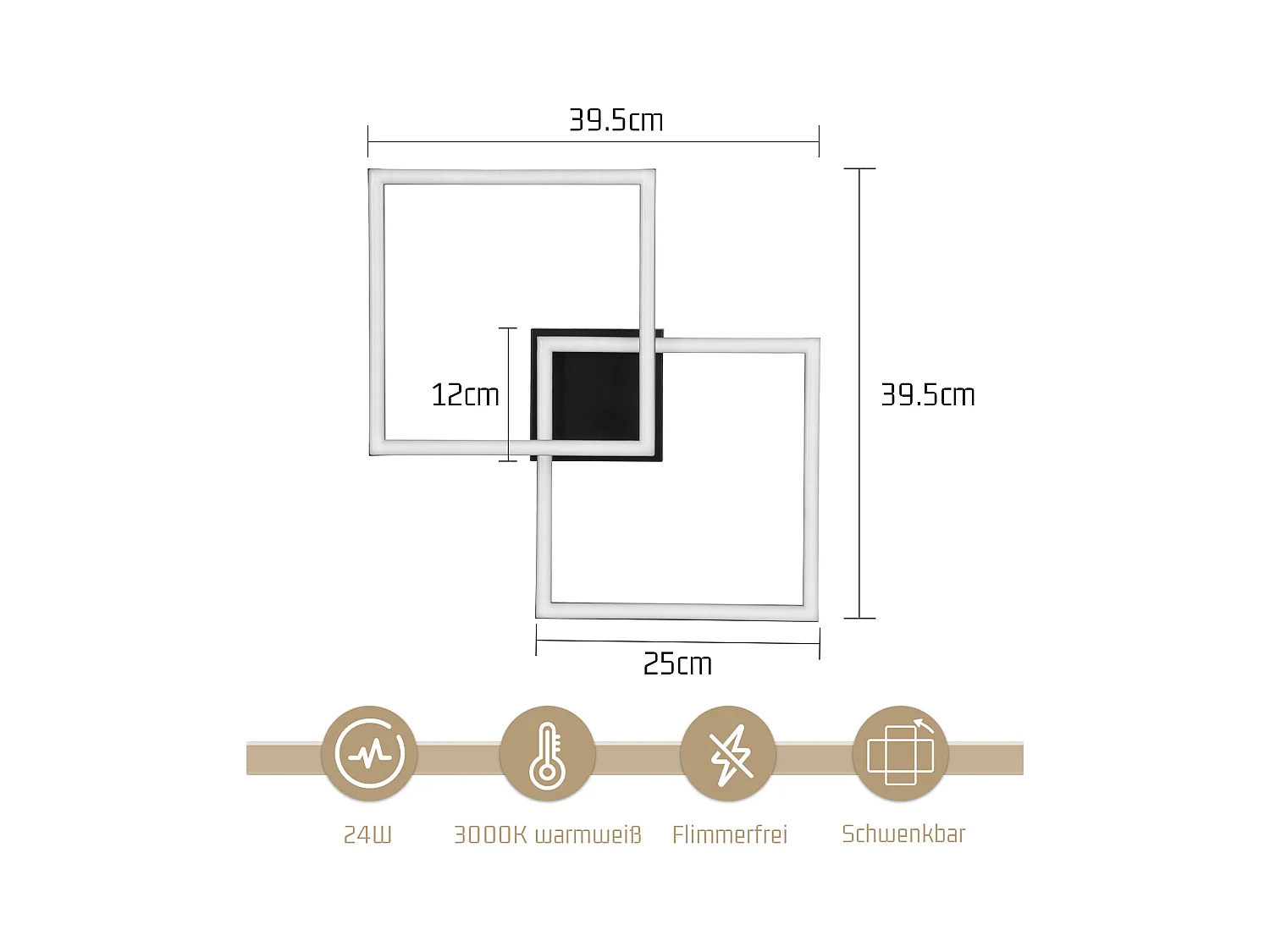 NETTLIFE Plafonnier LED plafonnier chambre 24W lampe de salon blanc chaud moderne noir carré