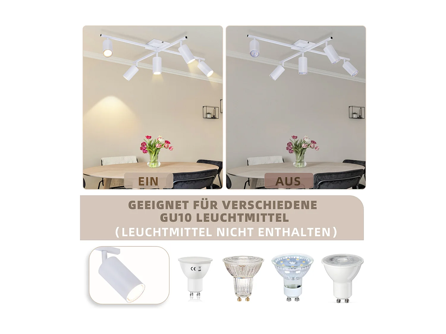 NETTLIFE Plafonnier Blanc LED Spot de plafond GU10 5 flammes Moderne Salon 330°Pivotant Industrielle