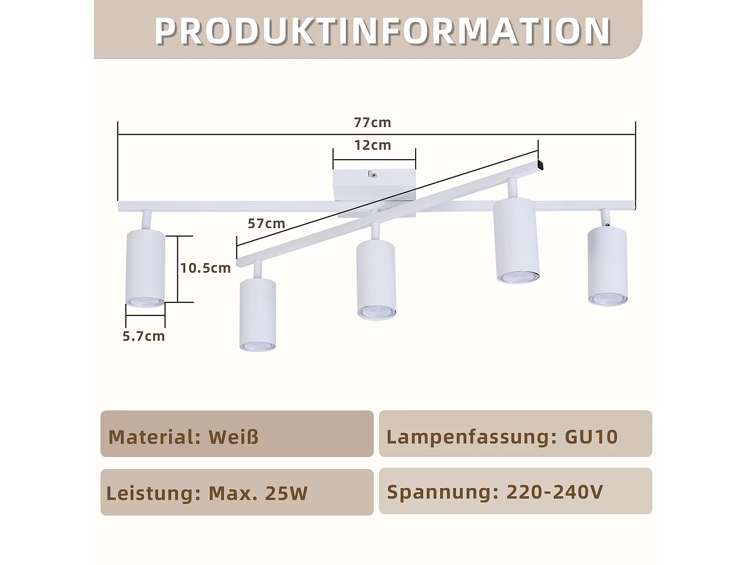 NETTLIFE Deckenleuchte Weiß LED Deckenstrahler GU10 5 flammig Modern Wohnzimmer 330° Schwenkbar Industrial