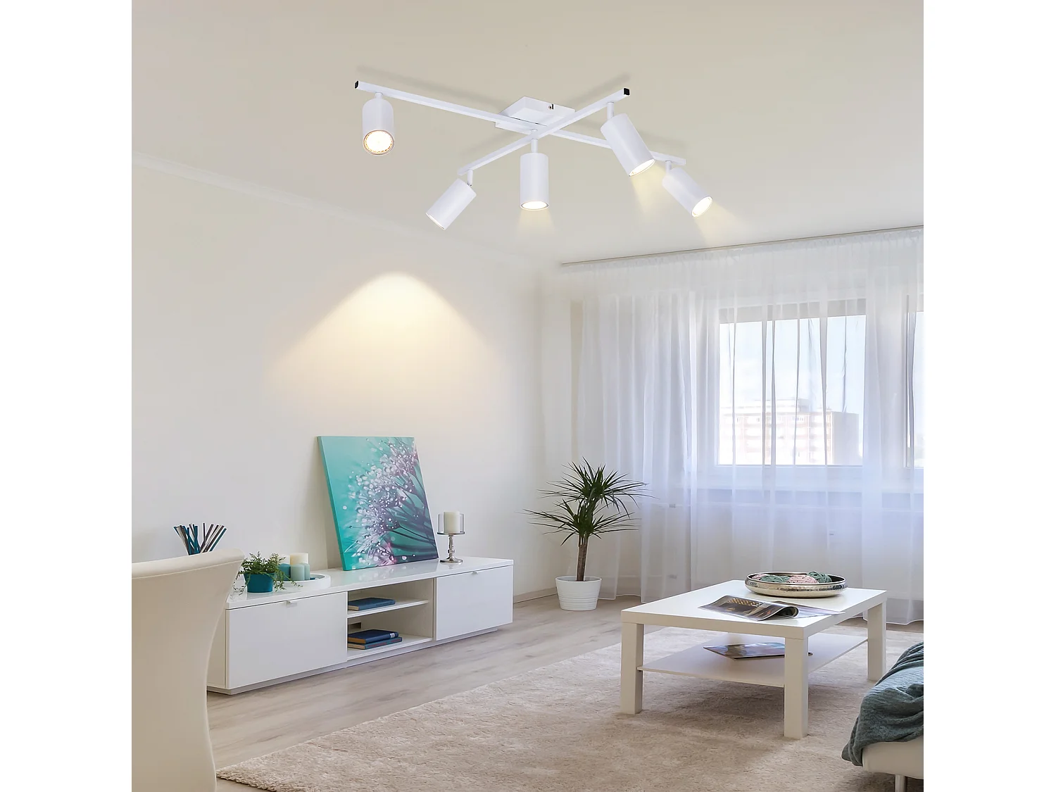 Plafoniera a LED bianca NETTLIFE, faretto GU10, 5 luci, soggiorno moderno, orientabile a 330°, stile industriale.