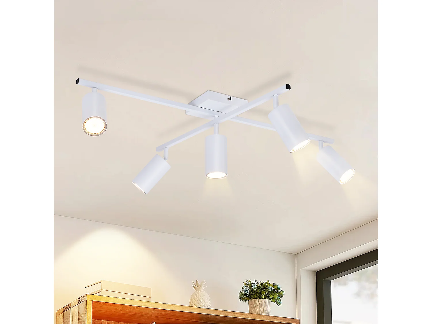 Plafoniera a LED bianca NETTLIFE, faretto GU10, 5 luci, soggiorno moderno, orientabile a 330°, stile industriale.