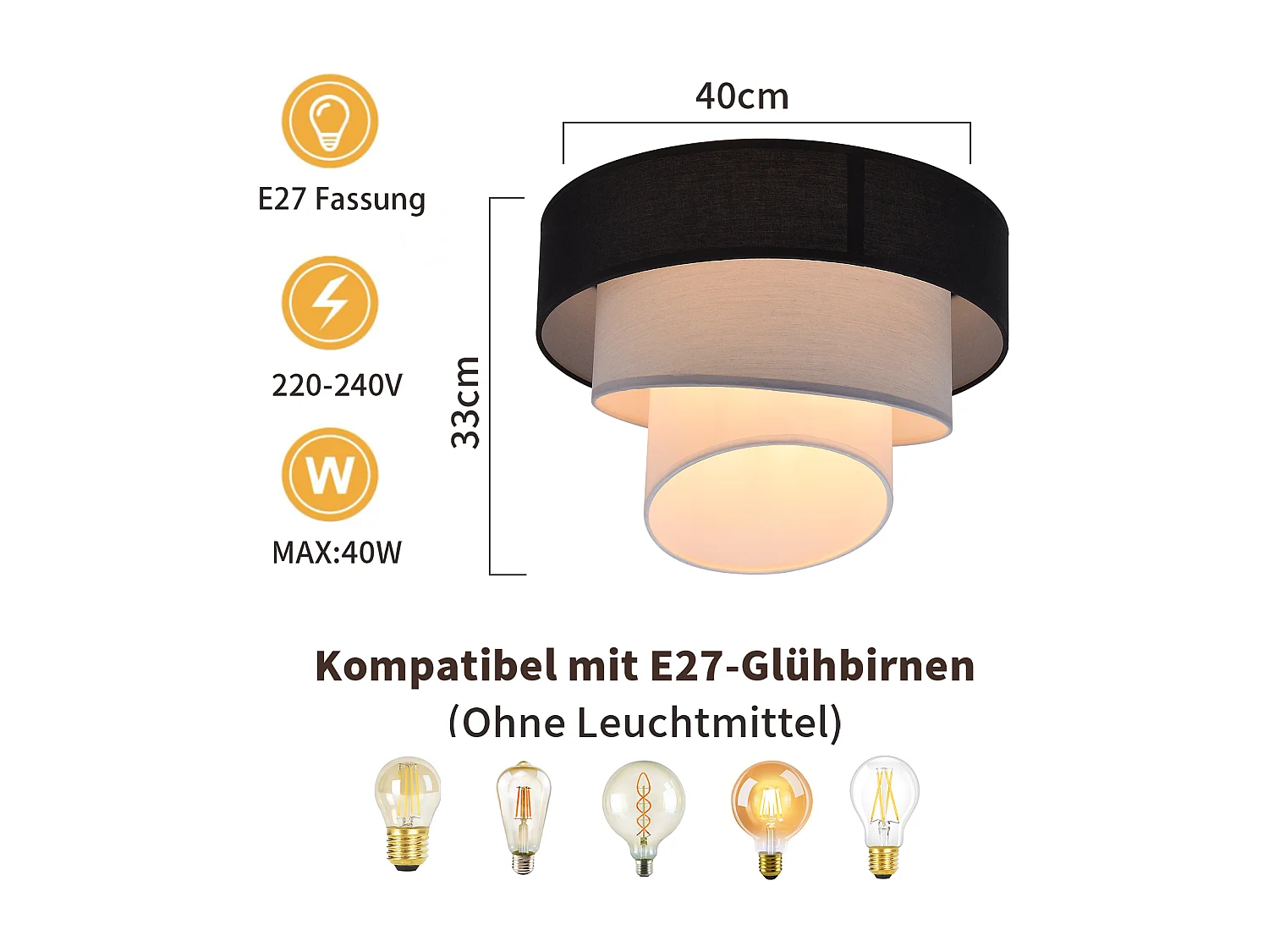 NETTLIFE Lampa sufitowa do salonu lampa sufitowa abażur z tkaniny Ø40cm ciepła biel E27 nowoczesna czerń