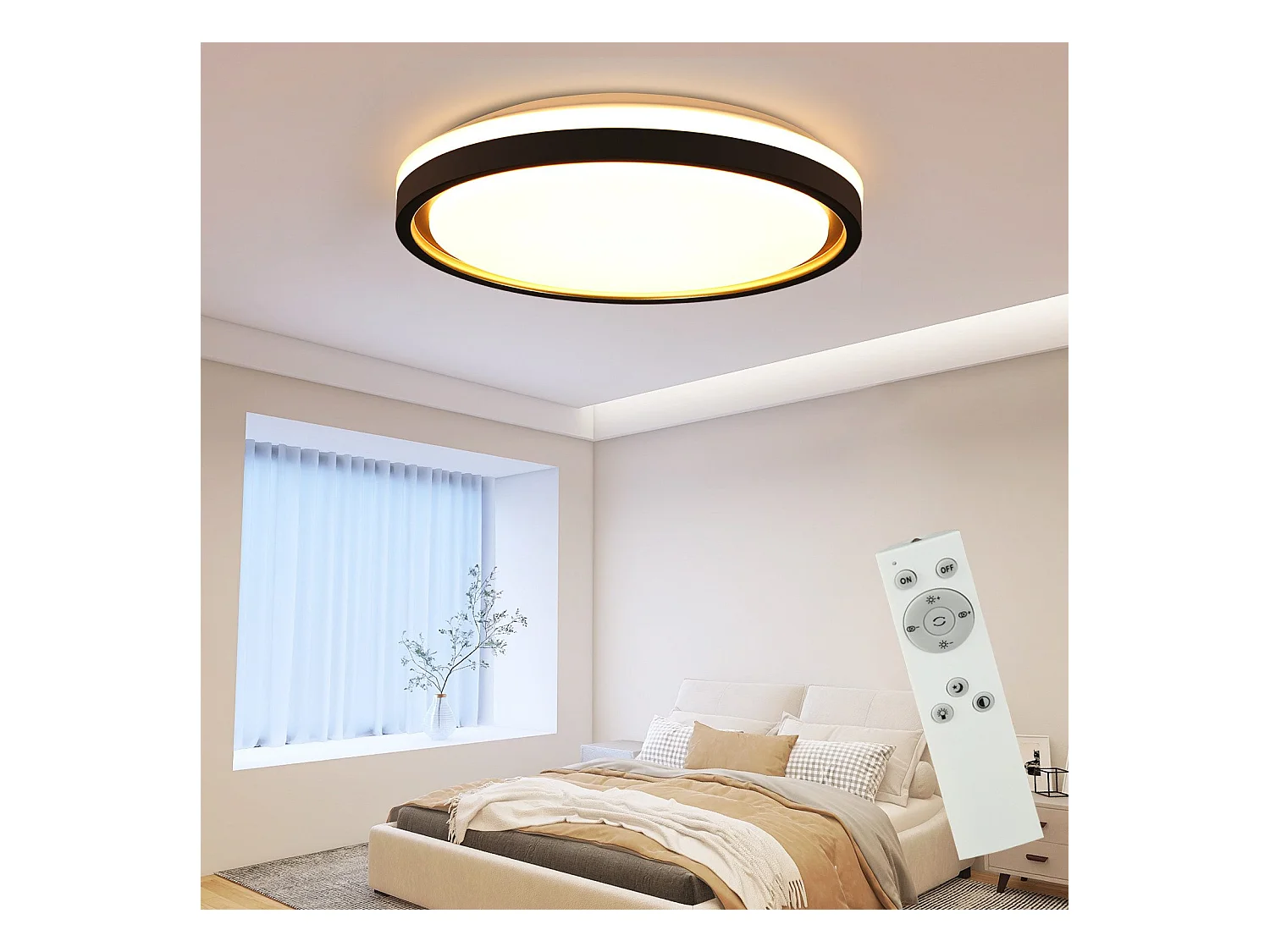NETTLIFE Lampe plafond LED chambre, Ø30cm, réglable, 18W, télécommande, noir/or, design moderne
