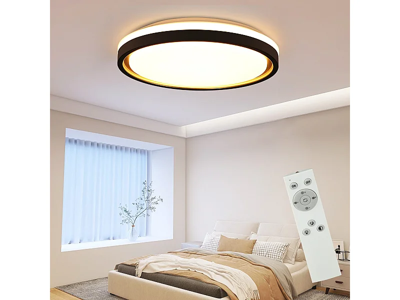 NETTLIFE Lampe plafond LED chambre, Ø30cm, réglable, 18W, télécommande, noir/or, design moderne