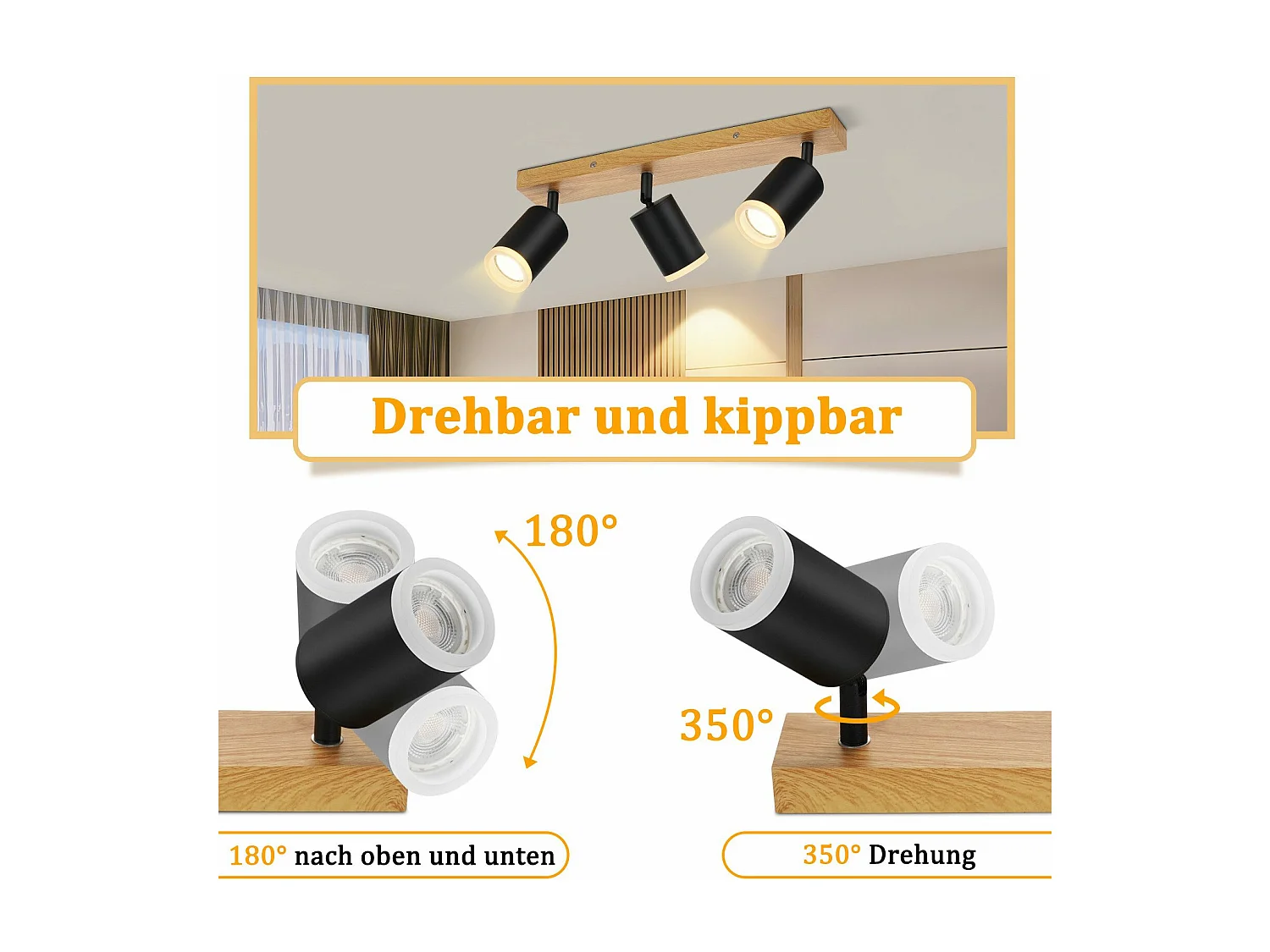 NETTLIFE Spot de plafond spots de plafond noirs lampe de cuisine GU10 spot mural en bois vintage pivotant sans ampoule orientable à 350°