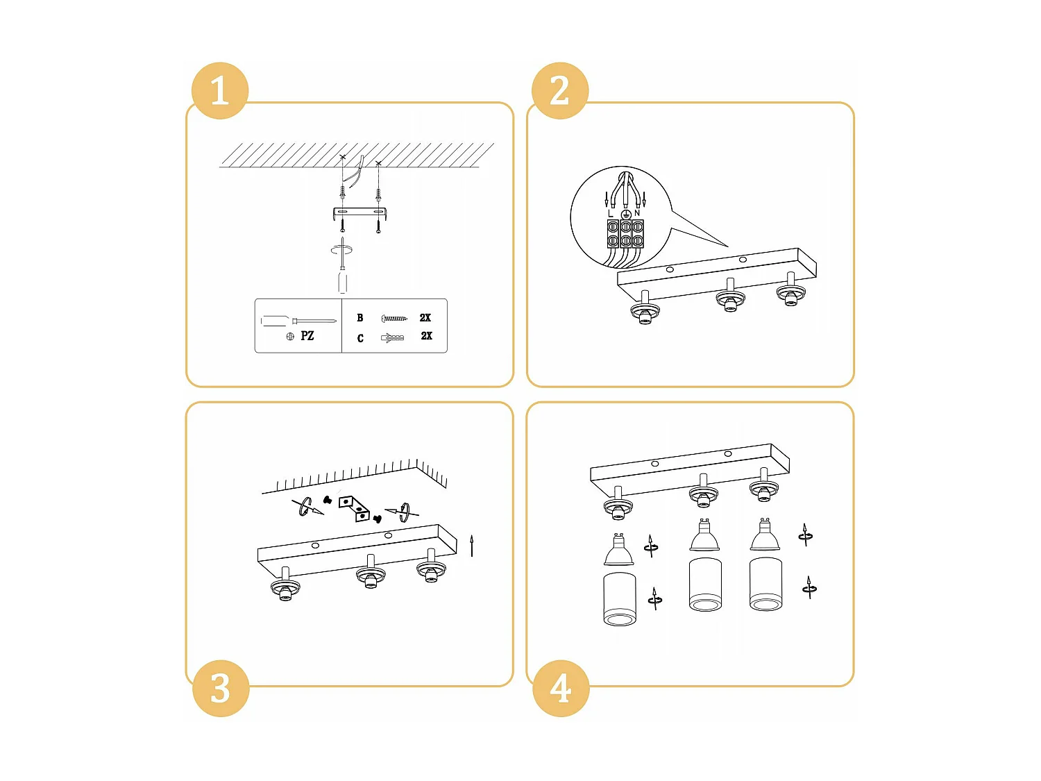 NETTLIFE Spot de plafond spots de plafond noirs lampe de cuisine GU10 spot mural en bois vintage pivotant sans ampoule orientable à 350°