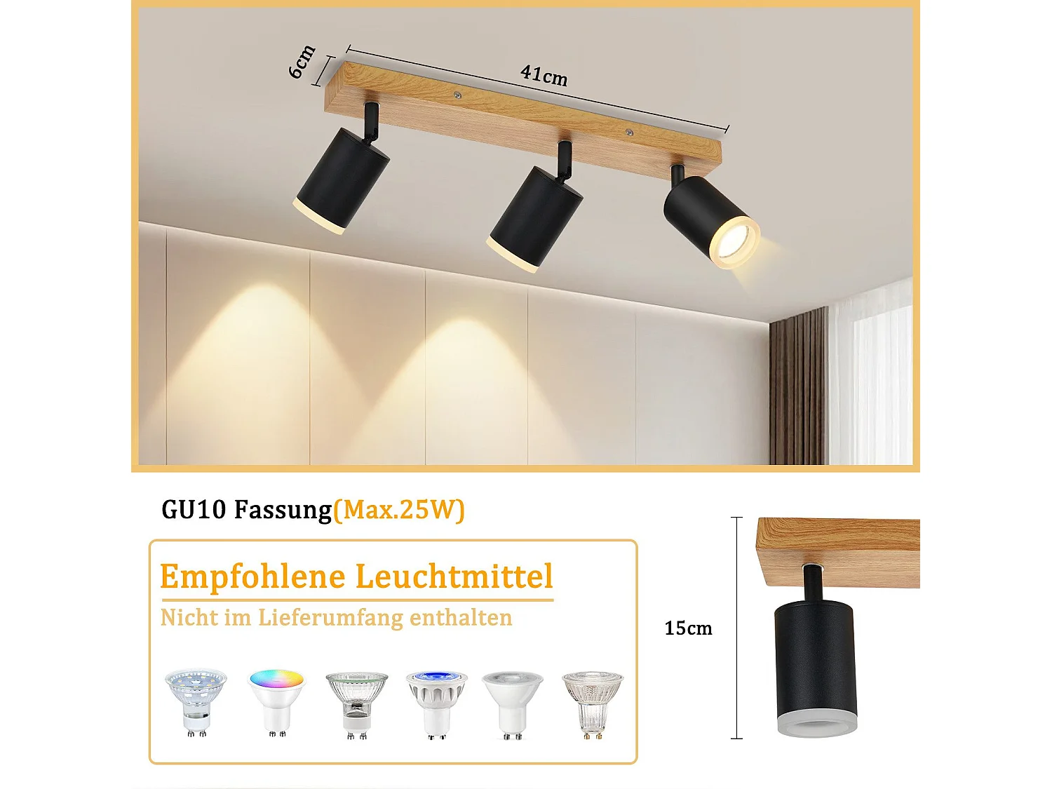 NETTLIFE Spot de plafond spots de plafond noirs lampe de cuisine GU10 spot mural en bois vintage pivotant sans ampoule orientable à 350°