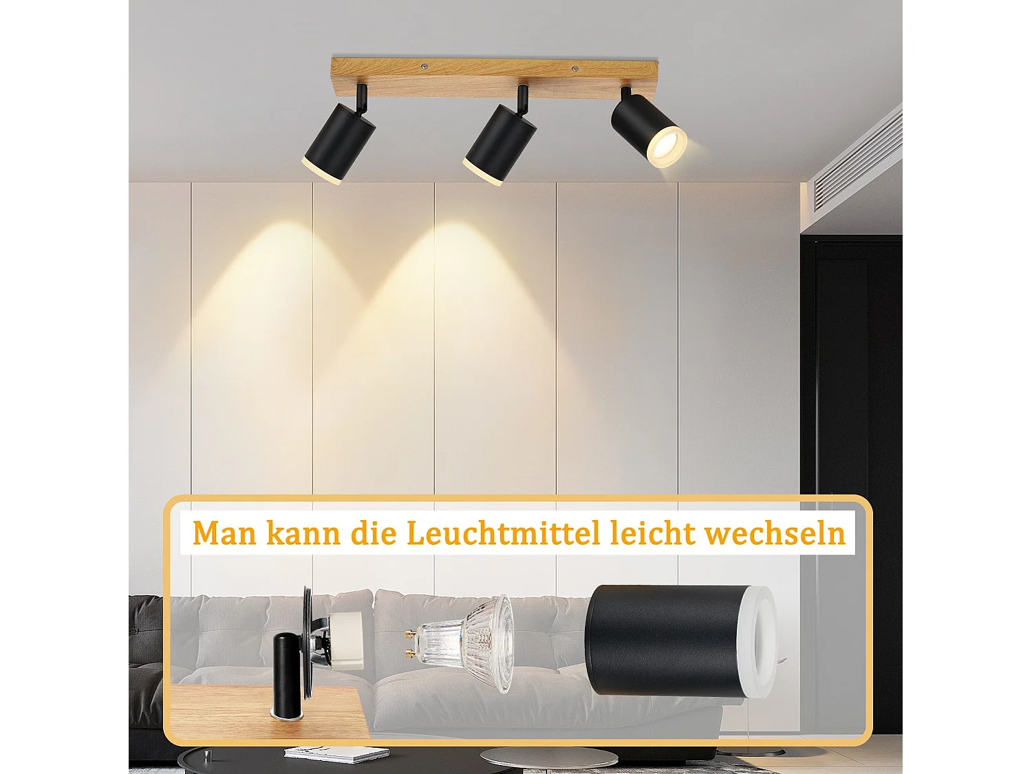 NETTLIFE Spot de plafond spots de plafond noirs lampe de cuisine GU10 spot mural en bois vintage pivotant sans ampoule orientable à 350°
