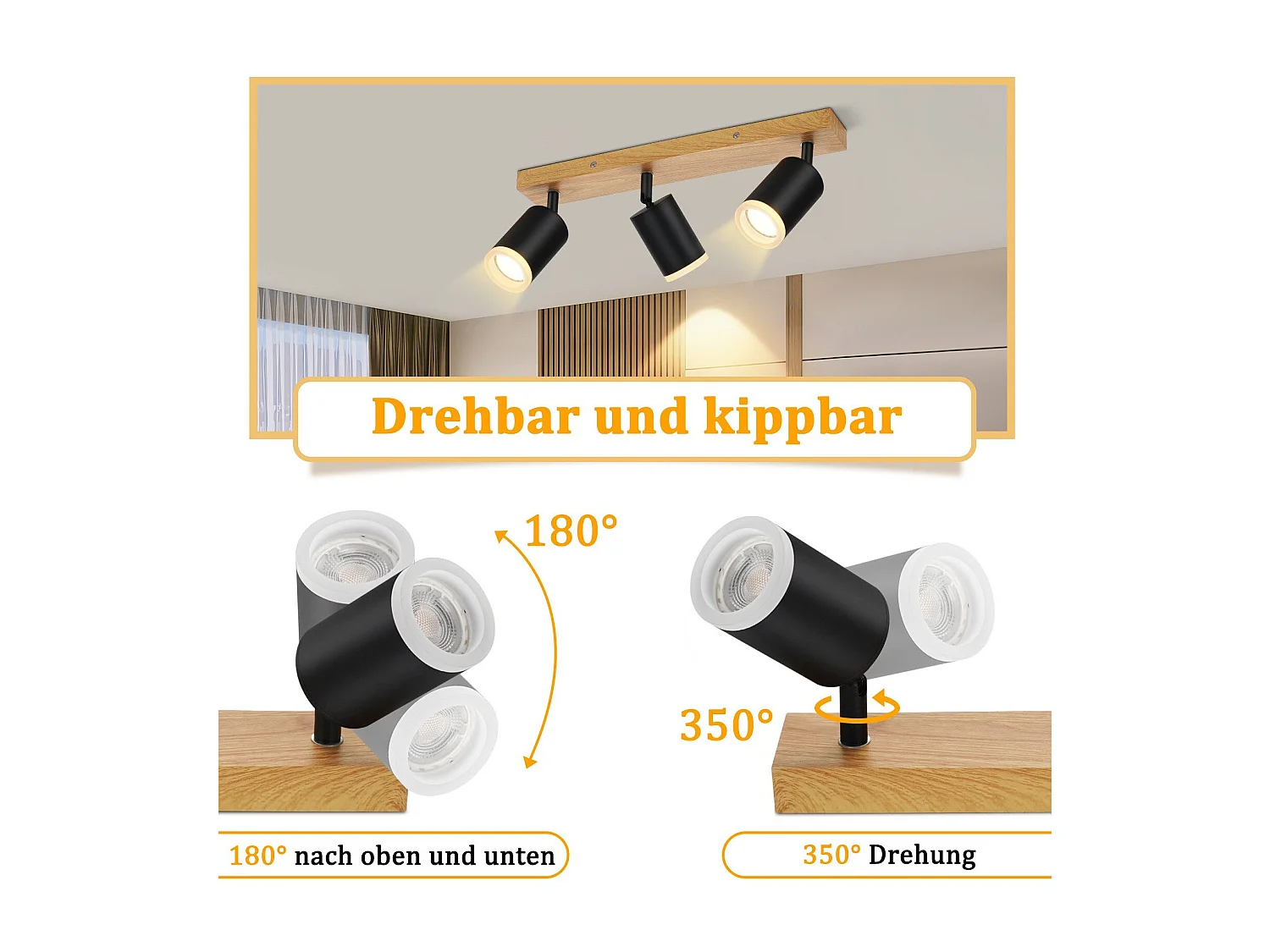 NETTLIFE Spot de plafond spots de plafond noirs lampe de cuisine GU10 spot mural en bois vintage pivotant sans ampoule orientable à 350°