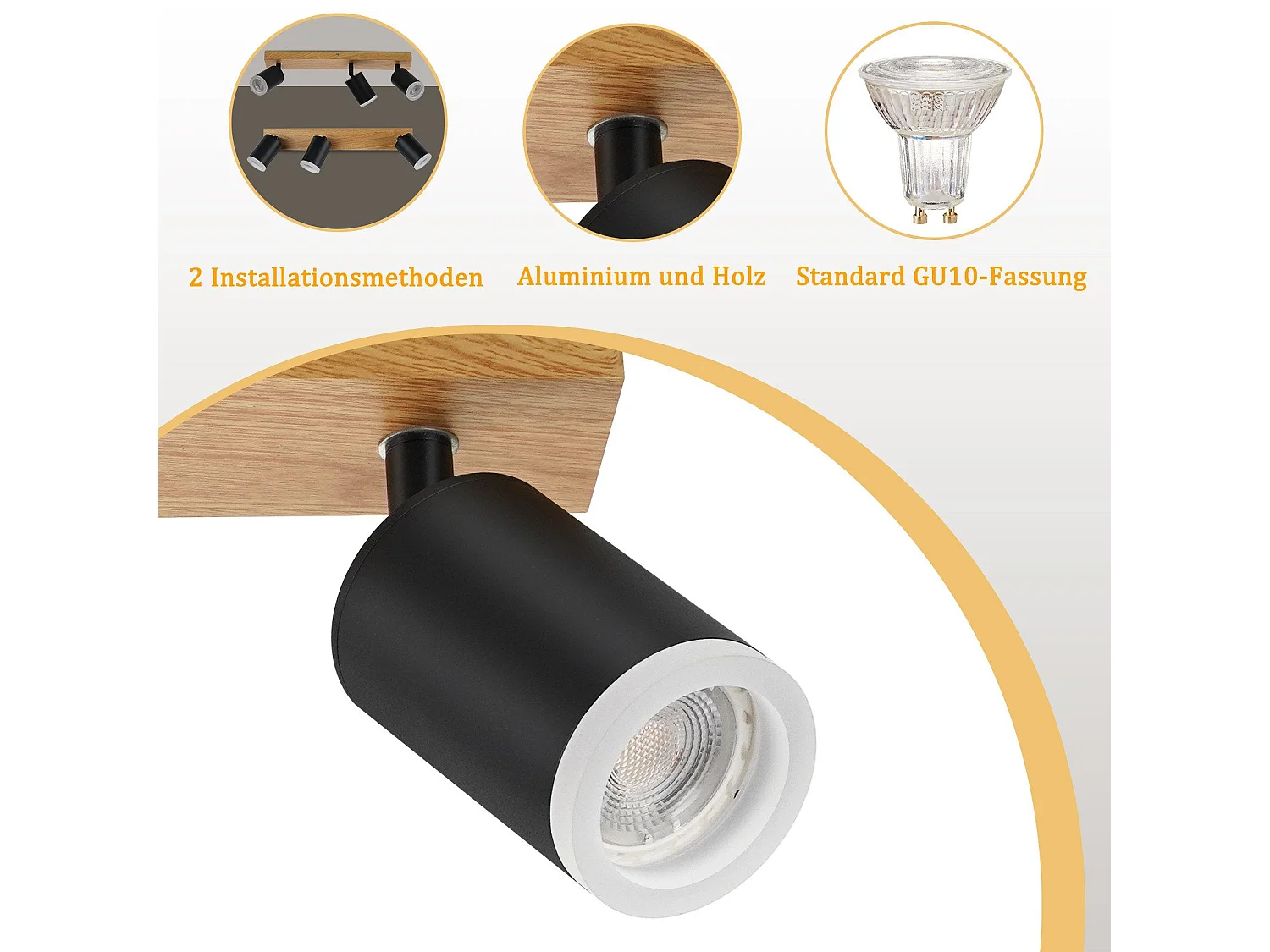 NETTLIFE Spot de plafond spots de plafond noirs lampe de cuisine GU10 spot mural en bois vintage pivotant sans ampoule orientable à 350°