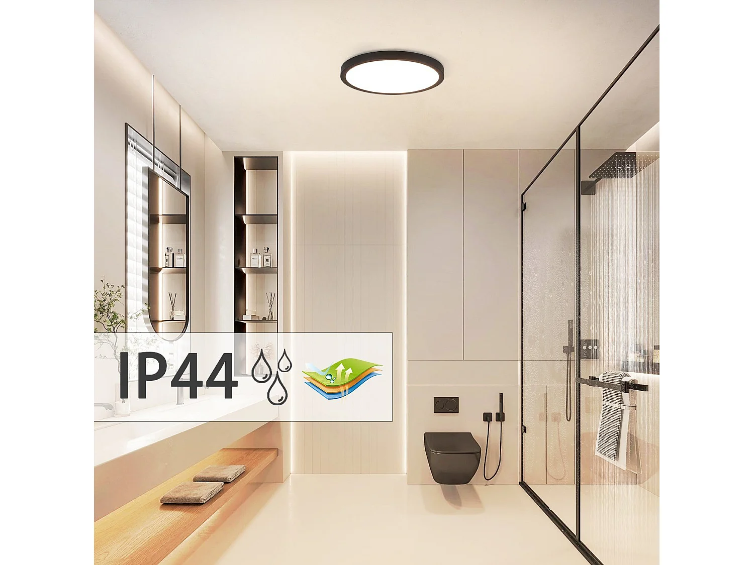 NETTLIFE Panneau LED plafonnier noir éclairage de plafond plat rond IP44 LED blanc neutre