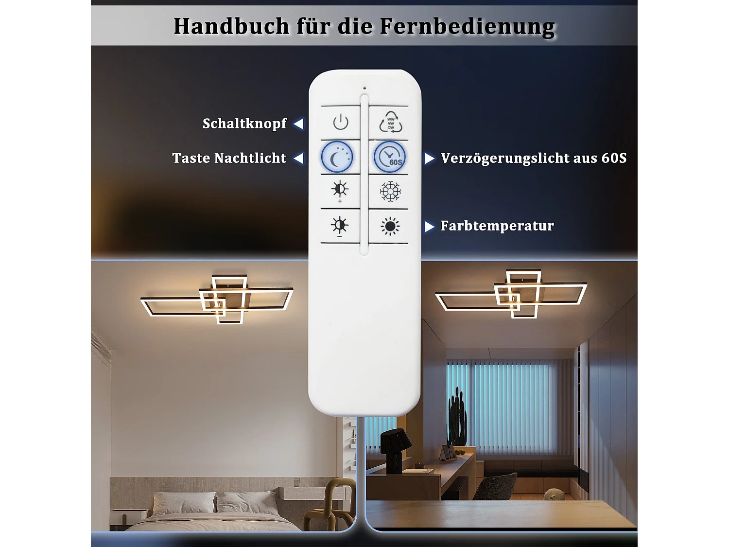 NETTLIFE Plafonnier LED Chambre Cadre Noir 102CM Dimmable avec Télécommande Moderne Intensité variable