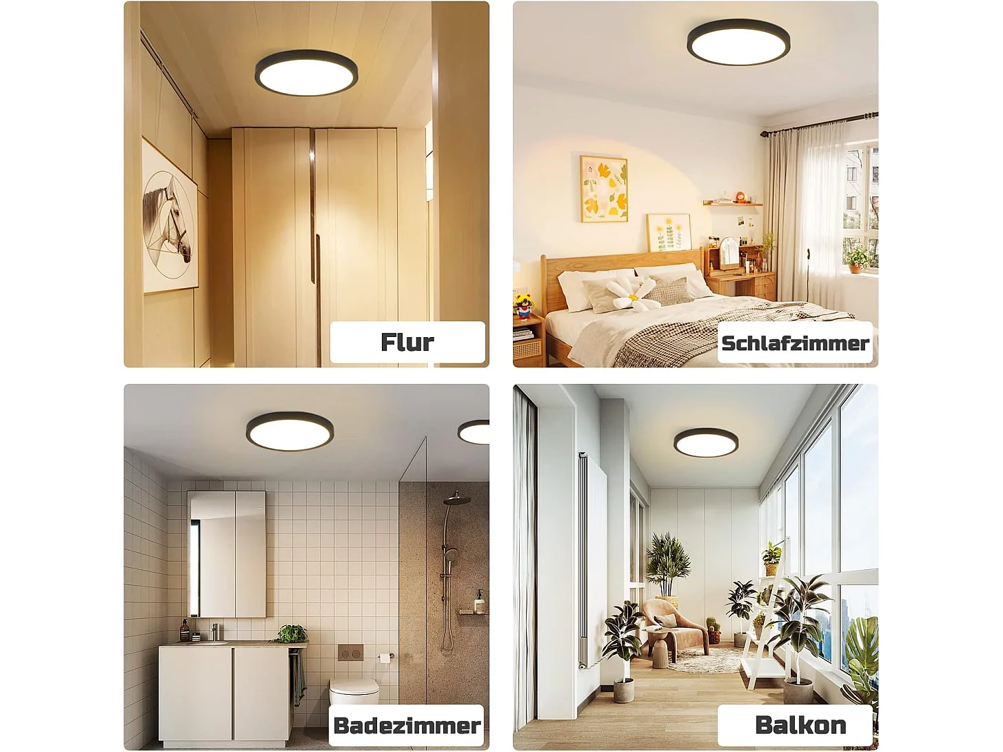 NETTLIFE Lámpara de techo LED plana para dormitorio, Ø22cm, para baño, color negro, 15W, IP44