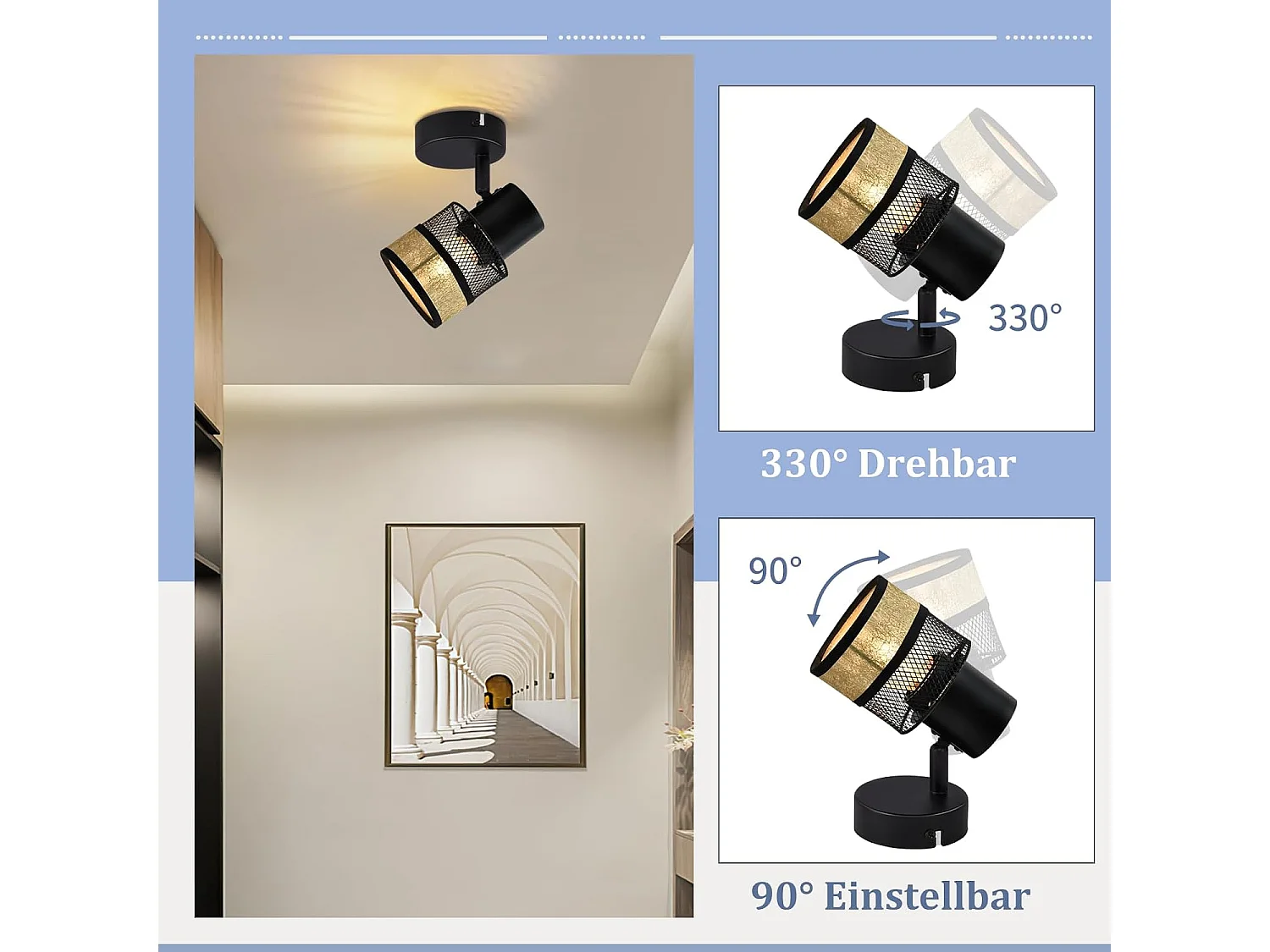 NETTLIFE Spot de plafond 1 ampoule noir couloir métal vintage doré E27 LED max 40W orientable 330°