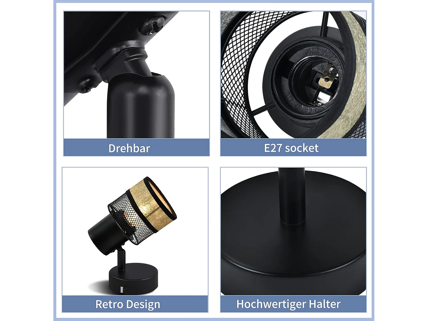 Faretto da soffitto NETTLIFE, 1 lampadina, nero, metallo oro vintage, per corridoio, E27, LED, max 40W, orientabile a 330°