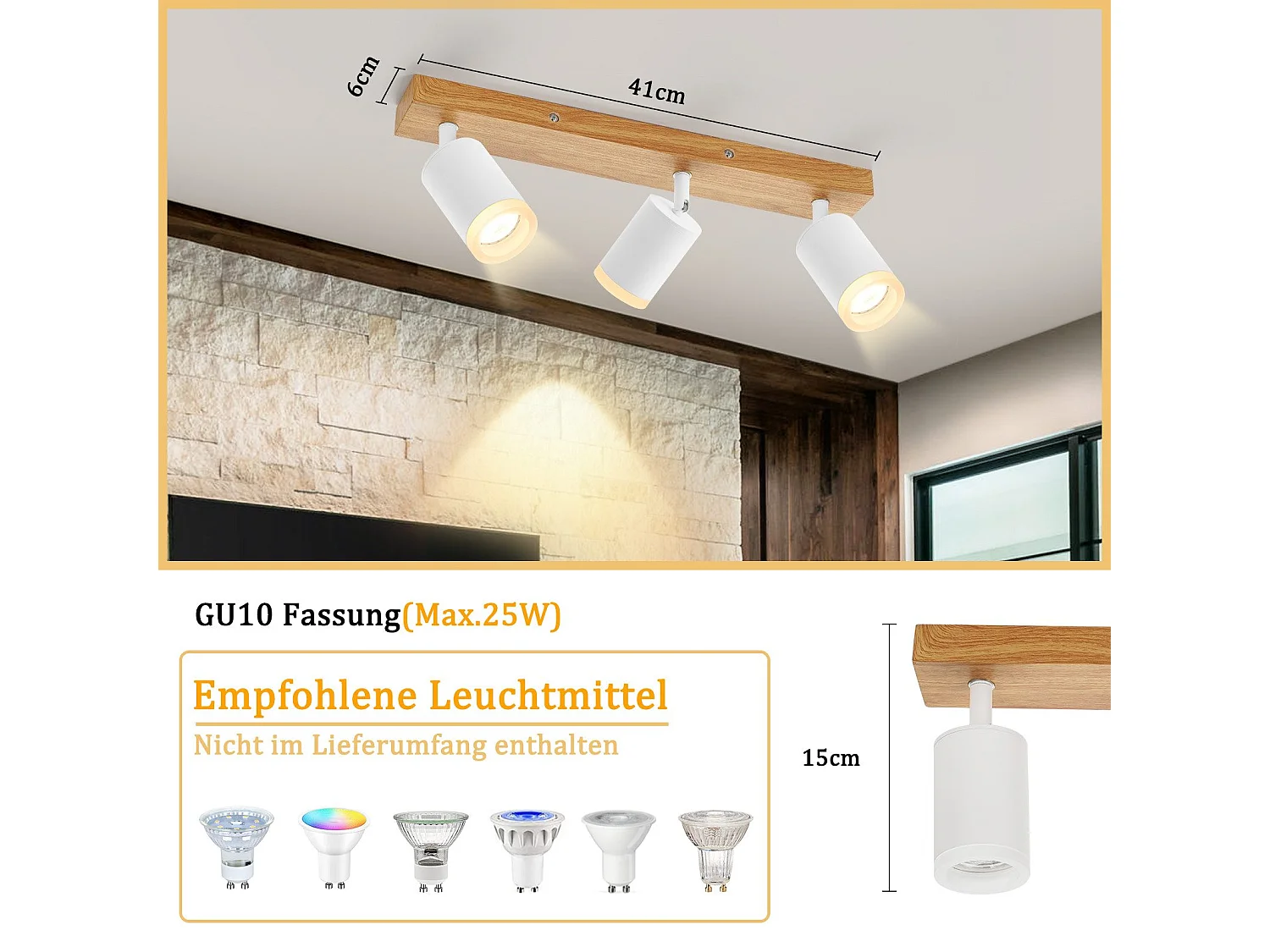 NETTLIFE Spot de plafond noir/blanc spots de plafond GU10 bois vintage pivotant sans ampoule orientable à 350°