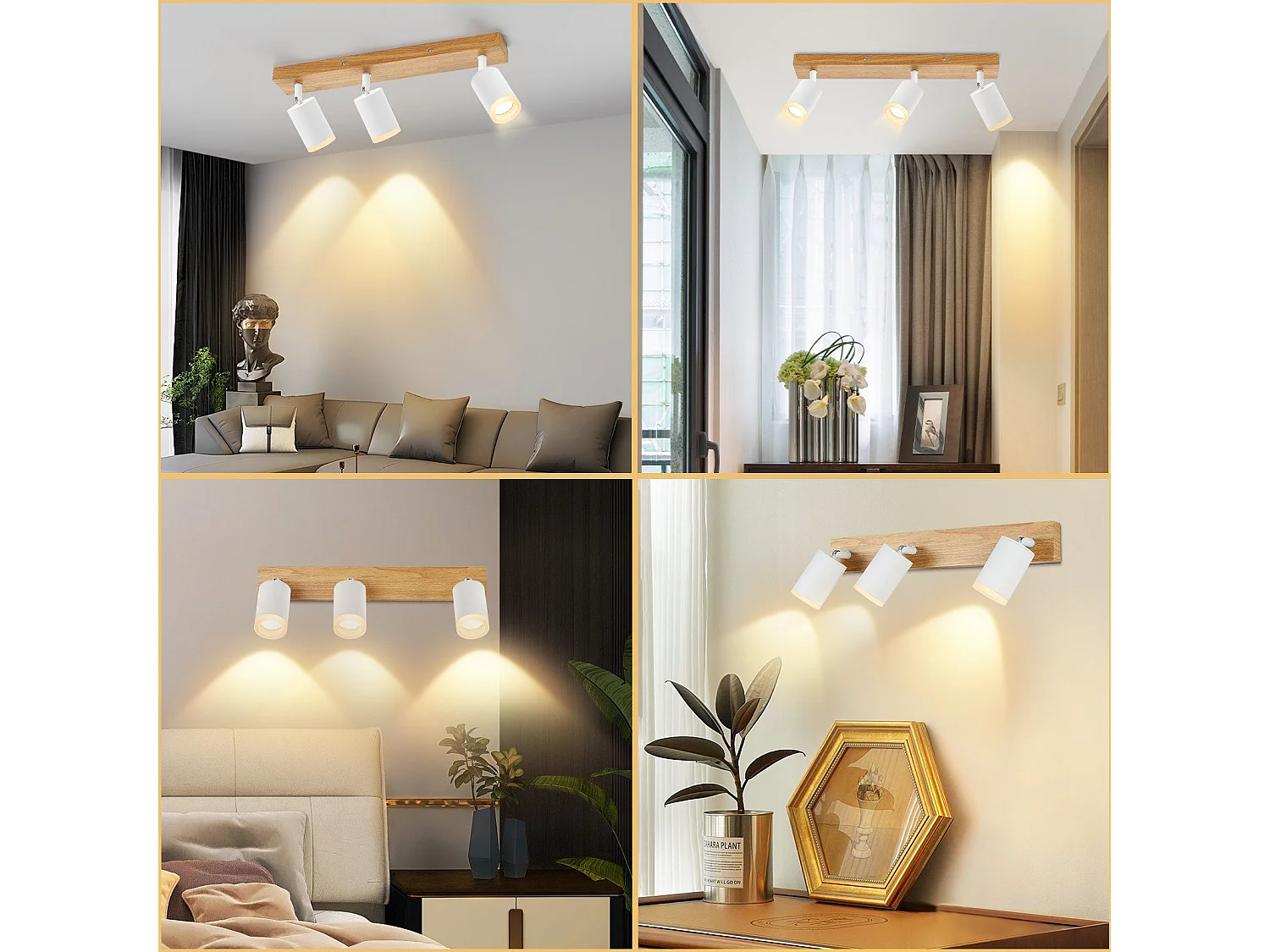 NETTLIFE Spot de plafond noir/blanc spots de plafond GU10 bois vintage pivotant sans ampoule orientable à 350°