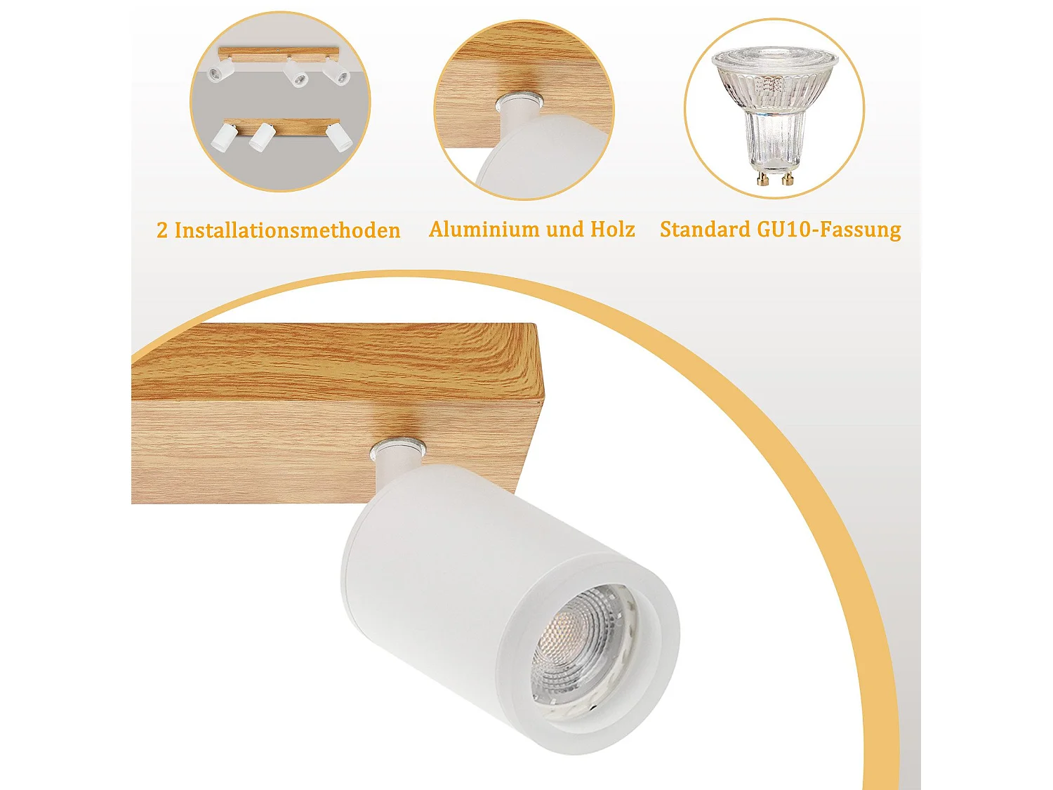 NETTLIFE Faretto da soffitto bianco, GU10, stile vintage con effetto legno, orientabile, lampadina non inclusa, regolabile a 350°