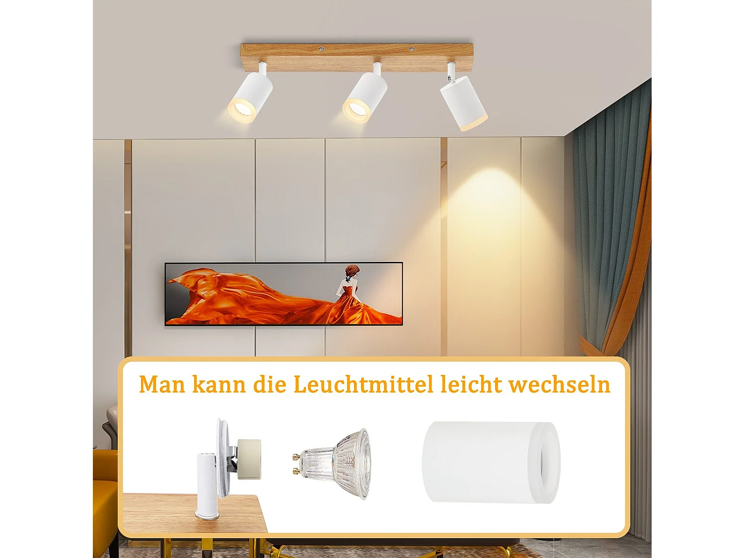 NETTLIFE Faretto da soffitto bianco, GU10, stile vintage con effetto legno, orientabile, lampadina non inclusa, regolabile a 350°