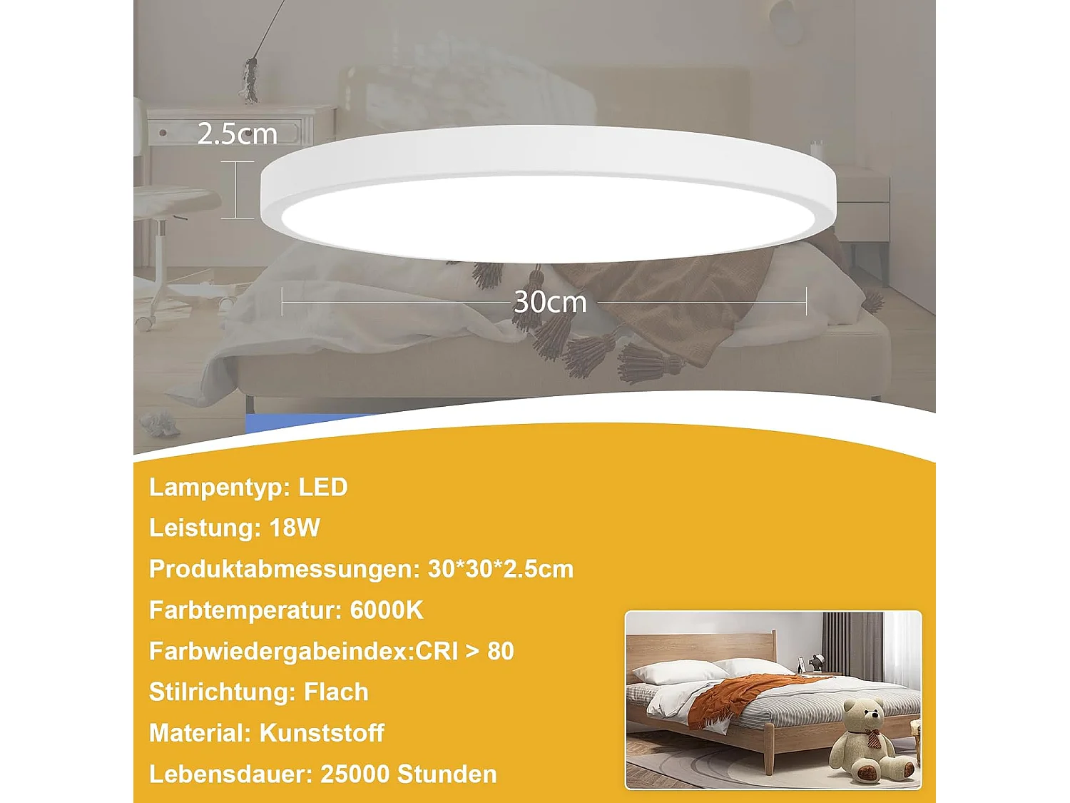 NETTLIFE Plafonnier LED plafonnier salle de bain - Lampe salle de bain Ø30cm plat rond 18W IP44