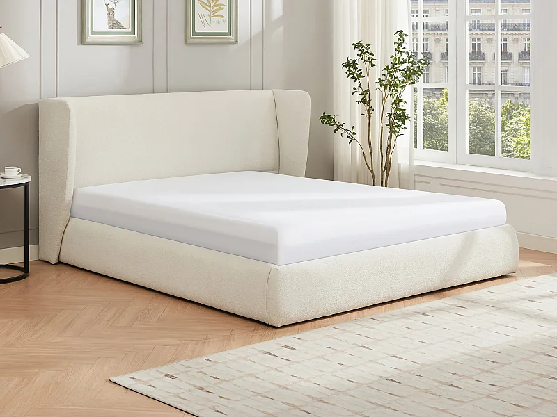 Lit coffre 140 x 190 cm - Tissu bouclette - Crème + Matelas - CORTAGA