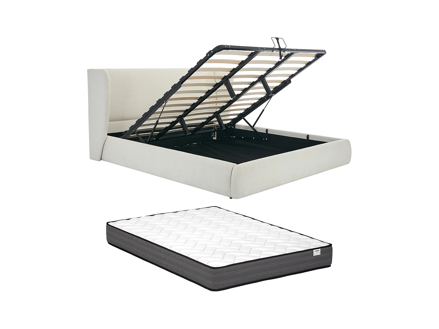 Bett mit Bettkasten + Matratze - 140 x 190 cm - Bouclé-Stoff - Cremefarben - CORTAGA